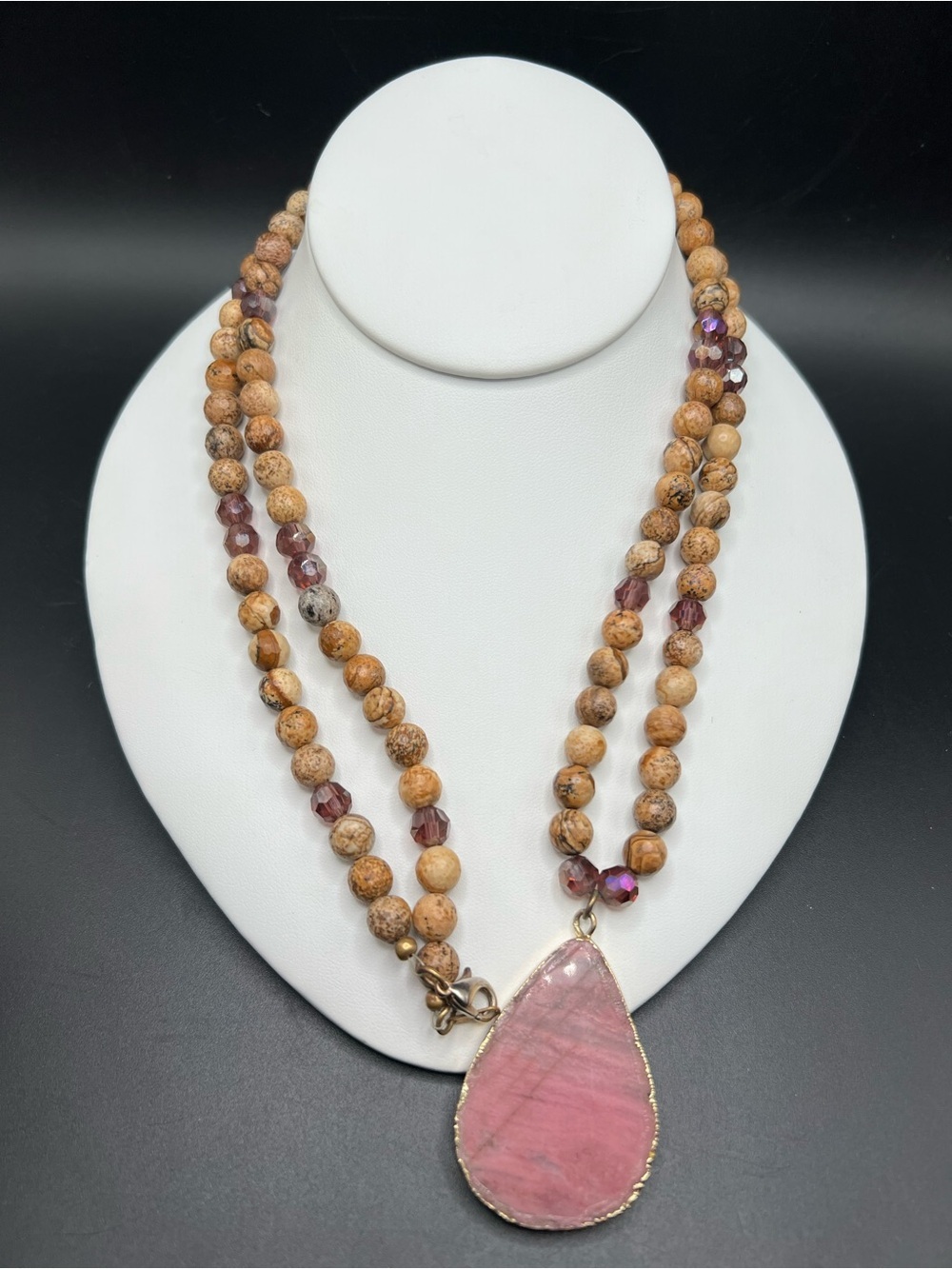 Long Handmade Rhodonite Pendant Necklace Picture Jasper Beads Pink Stone Boho